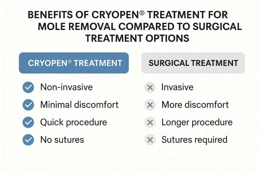 Table to show the benefits of getting moles removed Lower Morden from LA LIPO