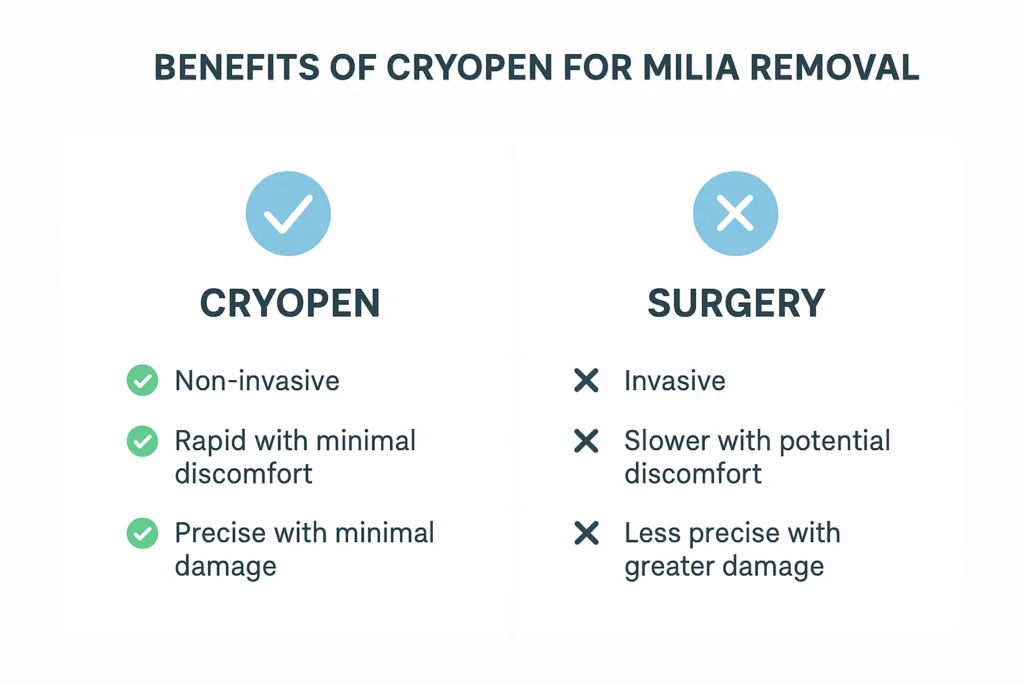 Benefits of cryopen for milia removal Lower Morden compared to surgical treatments.