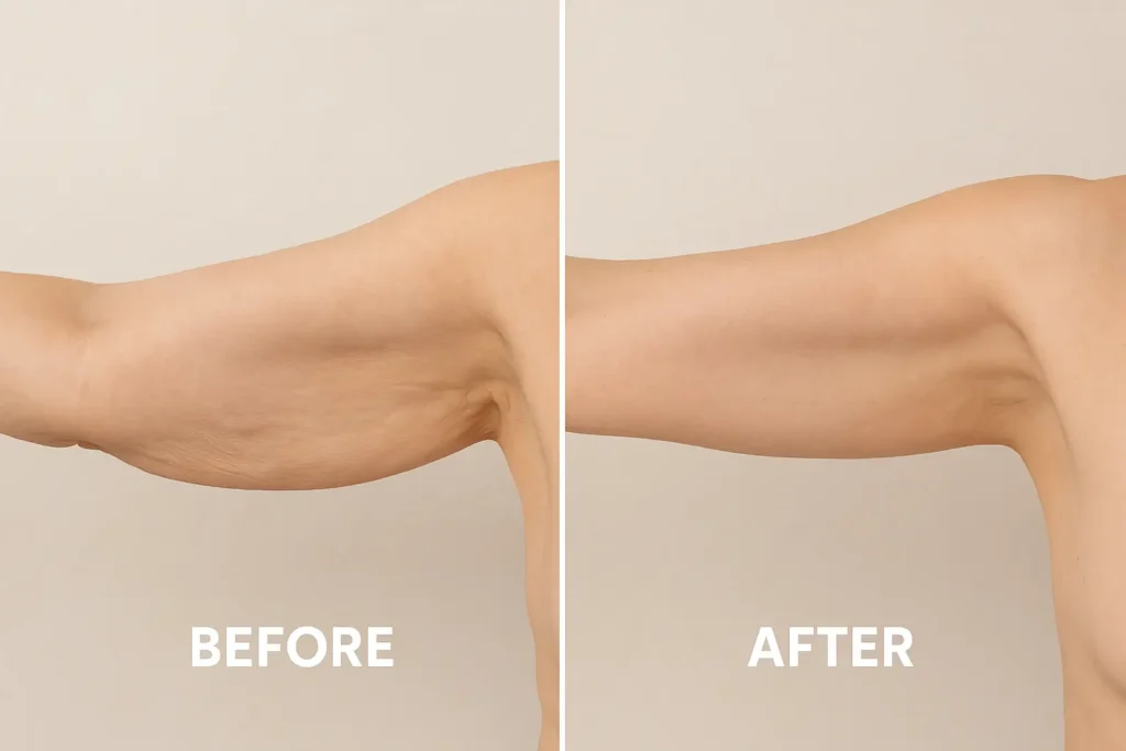 Picture of LA LIPO Lower Morden before and after results of skin tightening treatment on the upper arms.