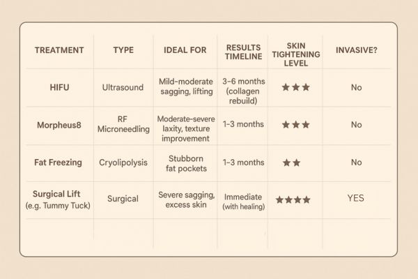 Table showing the comparisons of Skin tightening Lower Morden treatment options.